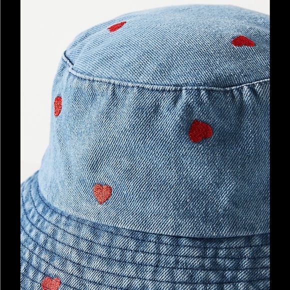 Anthropologie Denim Heart Embroidered Bucket Hat - Picture 2 of 6